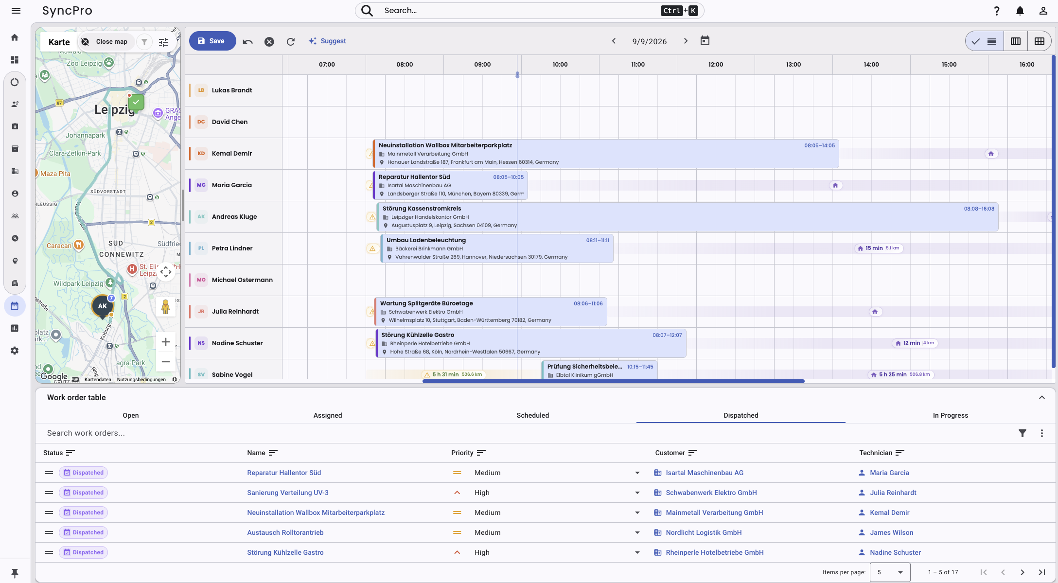 SyncPro dispatch board in light theme with technician schedules, work orders and a live map