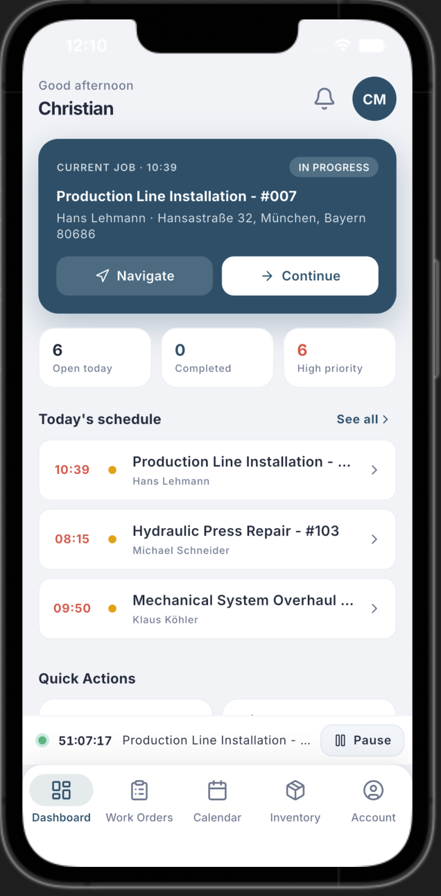 SyncPro mobile dashboard with current job and today’s schedule